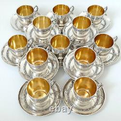 Combeau Rare French Sterling Silver 18K Gold Twelve Coffee Cups & Saucers