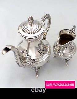 DEBAIN ANTIQUE 1880s FRENCH STERLING SILVER COFFEE POT & JUG LOUIS XVI Acanthus