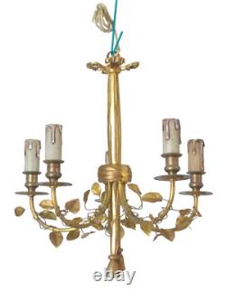 Delicate French Antique Bronze Louis XVI Chandelier 5 fires Foliage Ribbons 1930