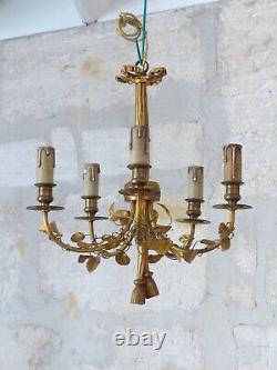 Delicate French Antique Bronze Louis XVI Chandelier 5 fires Foliage Ribbons 1930