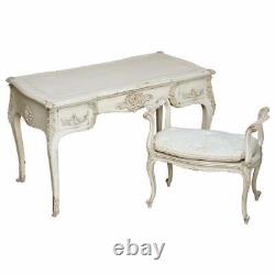 Early Paint Antique French Louis XV Style Bureau Plat Writing Desk & Stool