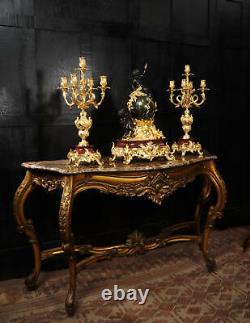 Exceptional Antique French Ormolu, Bronze and Red Marble Louis XV Clock Set