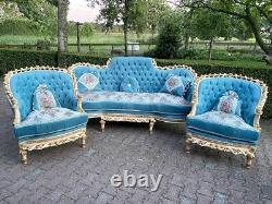 Exceptional Handmade French Louis XVI Sofa Set with Bergere and Throne Chairs