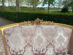 Exquisite 1900's French Louis XVI Corbeille Settee in Pink Damask