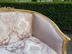 Exquisite 1900's French Louis XVI Corbeille Settee in Pink Damask