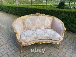 Exquisite 1900's French Louis XVI Corbeille Settee in Pink Damask