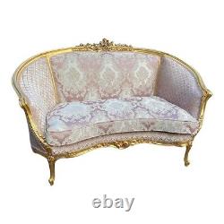 Exquisite 1900's French Louis XVI Corbeille Settee in Pink Damask