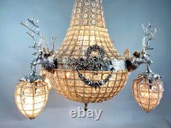 Exquisite French Louis XVI Rococo Bronze Deer Head Chandelier in Silver Finish