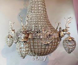 Exquisite French Louis XVI Rococo Bronze Deer Head Chandelier in Silver Finish