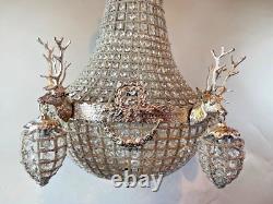 Exquisite French Louis XVI Rococo Bronze Deer Head Chandelier in Silver Finish