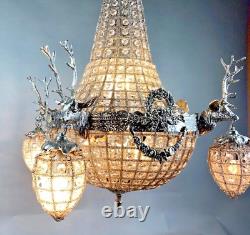 Exquisite French Louis XVI Rococo Bronze Deer Head Chandelier in Silver Finish