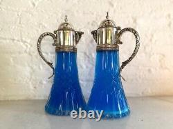 Exquisite Pair Antique French Louis XVI Crystal Carafes with Silver Plate