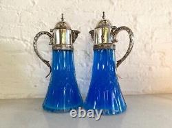 Exquisite Pair Antique French Louis XVI Crystal Carafes with Silver Plate