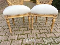 Exquisite Pair of French Louis XVI Cane Back Dining Chairs with Gold Leaf Finish