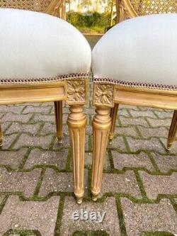 Exquisite Pair of French Louis XVI Cane Back Dining Chairs with Gold Leaf Finish