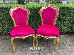 Exquisite Set of 4 French Louis XVI Dining Chairs Gold Beech with Red Fuchsia