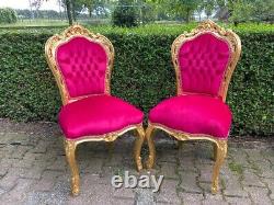 Exquisite Set of 4 French Louis XVI Dining Chairs Gold Beech with Red Fuchsia