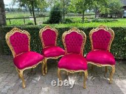 Exquisite Set of 4 French Louis XVI Dining Chairs Gold Beech with Red Fuchsia