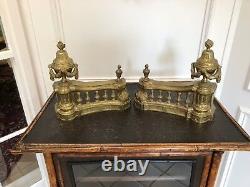 FINE PAIR FRENCH ANTIQUE BRASS BRONZE ORMOLU LOUIS XVI CHENETS ANDIRONS 18th. C