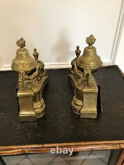 FINE PAIR FRENCH ANTIQUE BRASS BRONZE ORMOLU LOUIS XVI CHENETS ANDIRONS 18th. C