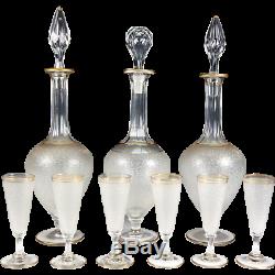 Fine Antique French Liqueur Service, St. Louis, 3 Decanters & 6 Cordials, Stems