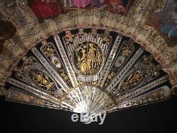 Fine Antique French Louis XVI Carved Mother Of Pearl Gold Gilt Painted Scene Fan