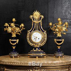 Fine Cobalt Blue Ormolu Louis XVI Lyre Clock Set Mystery Jewelled Pendulum Bezel