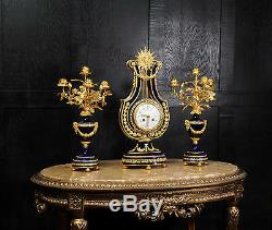 Fine Cobalt Blue Ormolu Louis XVI Lyre Clock Set Mystery Jewelled Pendulum Bezel