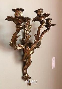 Fine Pair Antique French Louis XV Style Gilt Dore' Bronze Sconces