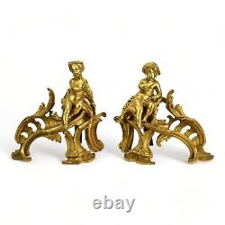 Fine Pair of Antique French Louis XV Gilt Bronze Chenets with Putti