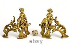 Fine Pair of Antique French Louis XV Gilt Bronze Chenets with Putti