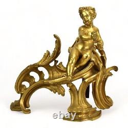 Fine Pair of Antique French Louis XV Gilt Bronze Chenets with Putti