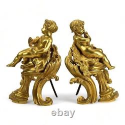 Fine Pair of Antique French Louis XV Gilt Bronze Chenets with Putti