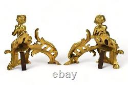 Fine Pair of Antique French Louis XV Gilt Bronze Chenets with Putti