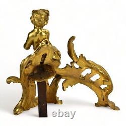 Fine Pair of Antique French Louis XV Gilt Bronze Chenets with Putti