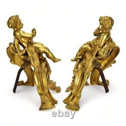 Fine Pair of Antique French Louis XV Gilt Bronze Chenets with Putti