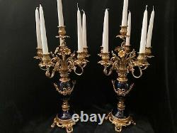 Fine Pair of French Louis XV Gilt Dore' Bronze Candelabras with Cobalt Porcelain