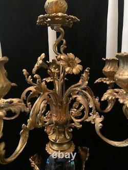 Fine Pair of French Louis XV Gilt Dore' Bronze Candelabras with Cobalt Porcelain