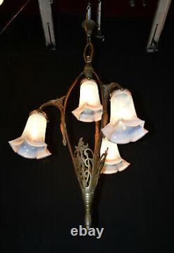 French 1920s Neoclassical Louis XVI art nouveau bronze chandelier Opaline shades