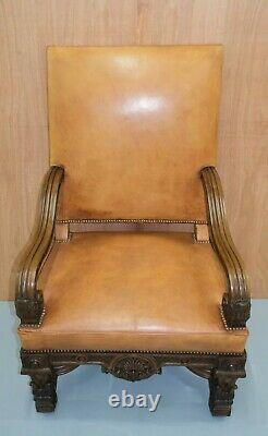 French 19th Century Louis XIV Carved Oak Leather Armchair With Matching Stool