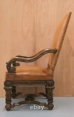 French 19th Century Louis XIV Carved Oak Leather Armchair With Matching Stool