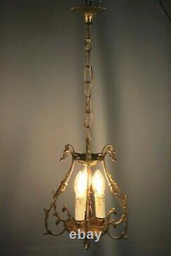 French Antique Gilt Bronze Louis XV Rococo Chandelier 3 Light Hanging Lamp
