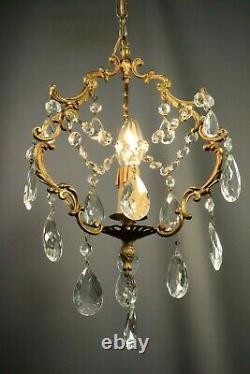 French Antique Gilt Bronze Louis XV Rococo Chandelier Crystal Drops Hanging Lamp