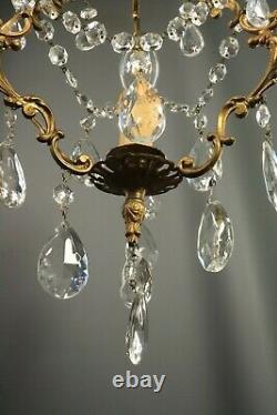 French Antique Gilt Bronze Louis XV Rococo Chandelier Crystal Drops Hanging Lamp