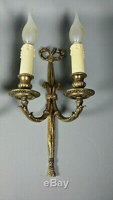 French Antique LOUIS XVI Bow Ribbon Bronze Brass Wall Sconce Light PAIR Lamps