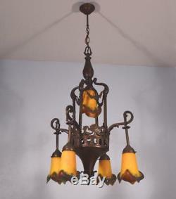 French Antique Louis XVI Style Bronze and Art Glass Chandelier/Lamp