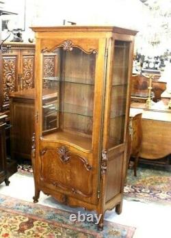 French Antique Tiger Oak Louis XV Display Cabinet Living Room Furniture