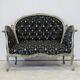 French Antoinette 2 Seater Love Seat In Silver Leaf With Black Damask Fabric