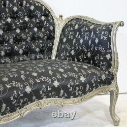 French Antoinette 2 seater Love Seat in Silver leaf with Black Damask fabric
