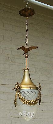 French Brass metal Eagle louis XVI Hall Lantern chandelier pendant crystal glass